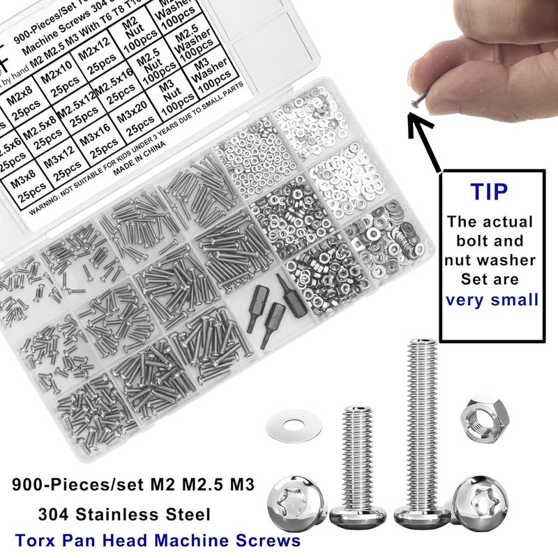 HanTof 900 Pcs Torx Button Head Screws, M2 M2.5 M3 Bolts and Nuts Washers Set, Star Drive Round Head Machine Screws 304 Stainless Steel, Small Torx Bolts Fully Threaded with T6 T8 T10 Wrench. - Image 2